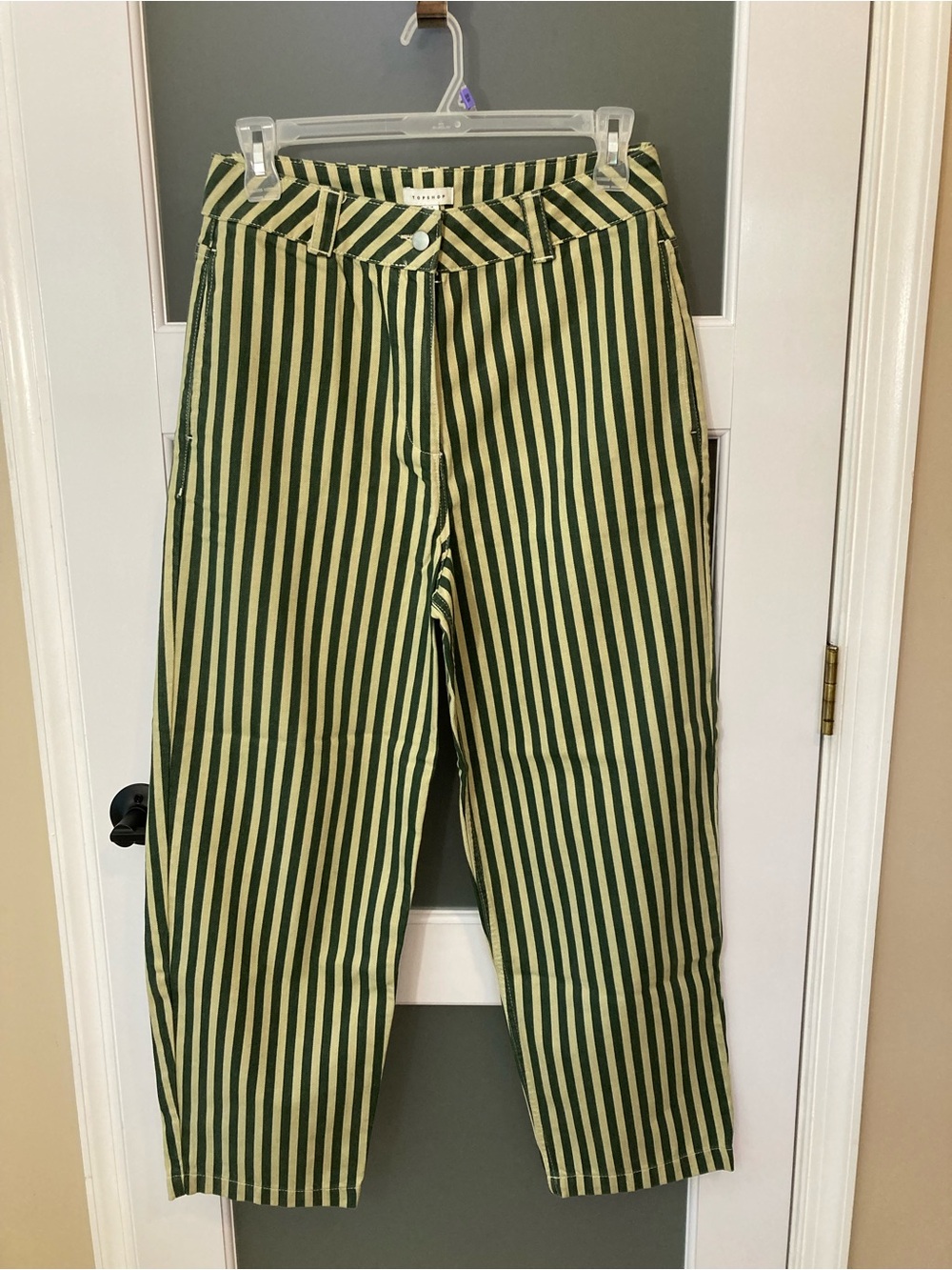 Topshop pinstripe banana wide leg pants in khaki - size 10 - Picture 3 of 13